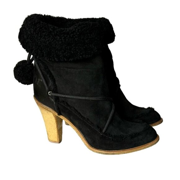 DIOR Boots Sz.9.5 Black Suede Shearling High Heel Pom Pom Drawstrings Fur Trim - Picture 2 of 16
